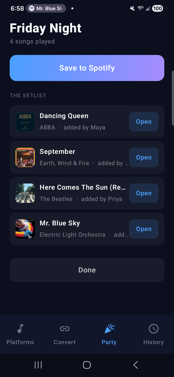 The Friday Night recap: four songs played, each with its cover, who added it, and an Open button