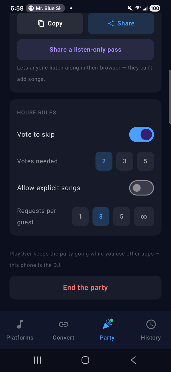 House rules for the party: vote to skip with two votes needed, explicit songs off, three requests per guest, and a button to share a listen-only pass