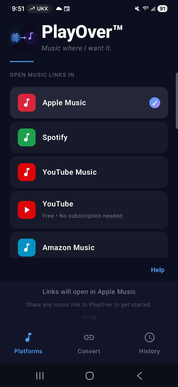 PlayOver for Android platform picker with Apple Music set as the preferred platform