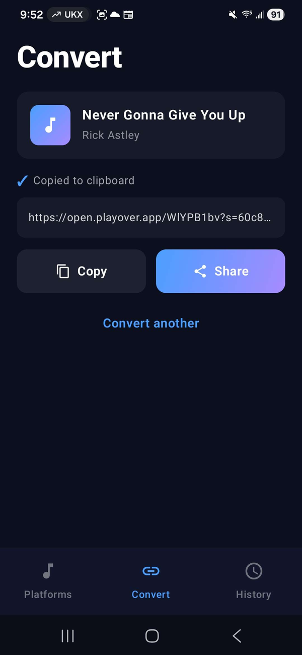 PlayOver for Android result screen with a shareable link copied to the clipboard