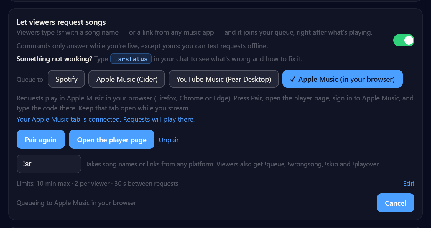 PlayOver's Apple Music panel confirming the browser tab is connected and requests will play there.