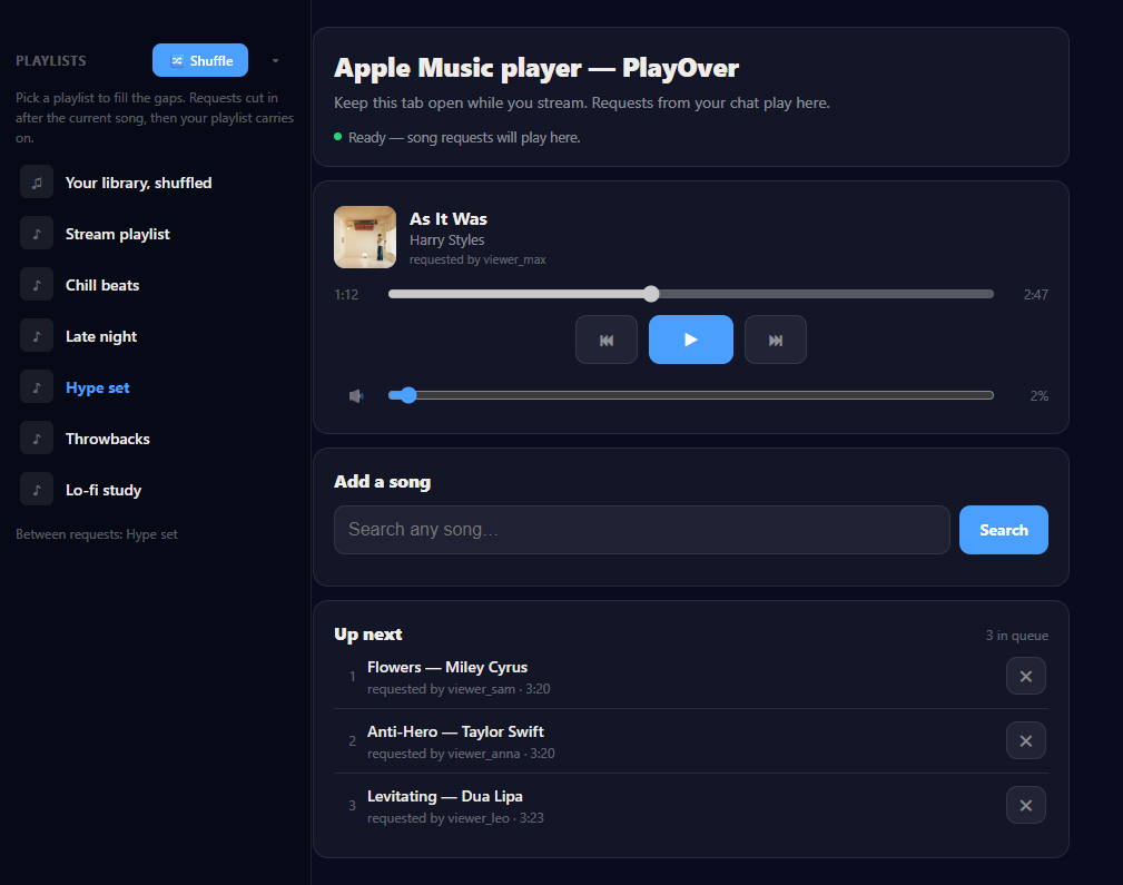 The PlayOver Apple Music player page: a playlist sidebar, a song playing with artwork, and three requested songs under Up next.