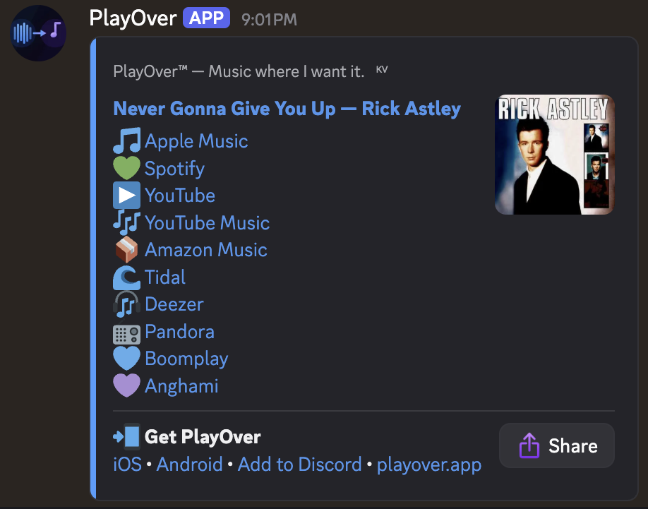 PlayOver bot reply in Discord showing a song with links for Apple Music, Spotify, YouTube, and more