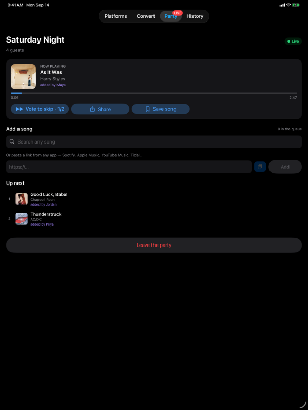 A guest in the party on iPad: the live queue with requests from Jordan and Priya, and Vote to skip at one of two votes