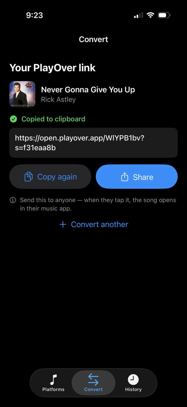 PlayOver result screen with a shareable link copied to the clipboard