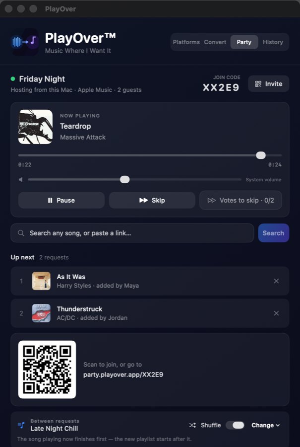 Hosting a party on Mac: the queue, join code and QR code