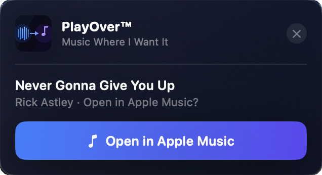 PlayOver popup on macOS showing a song with an Open in Apple Music button