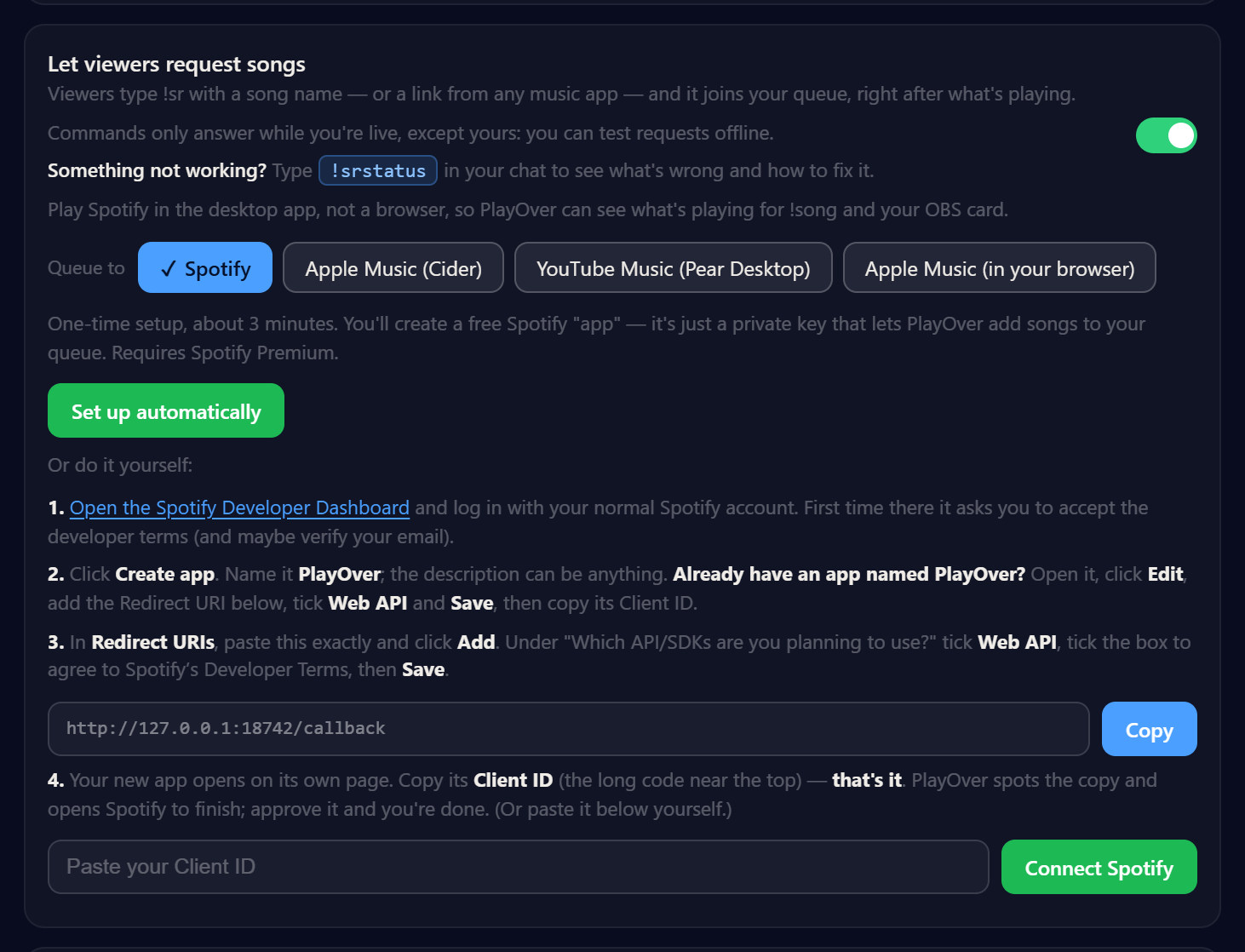 PlayOver's Spotify setup panel: a Set up automatically button, four manual steps, and a single Client ID field.