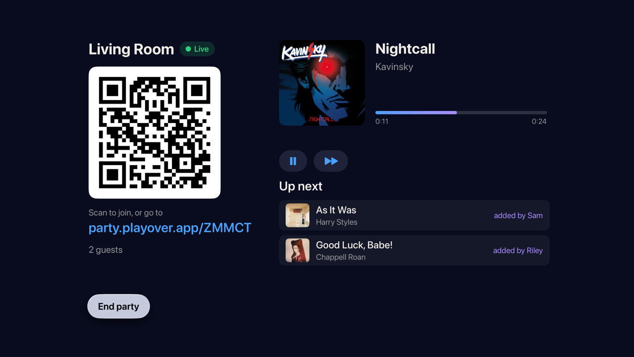 PlayOver on Apple TV hosting a party called Living Room: the QR code, the party link, two guests, Nightcall playing, and requests added by Sam and Riley