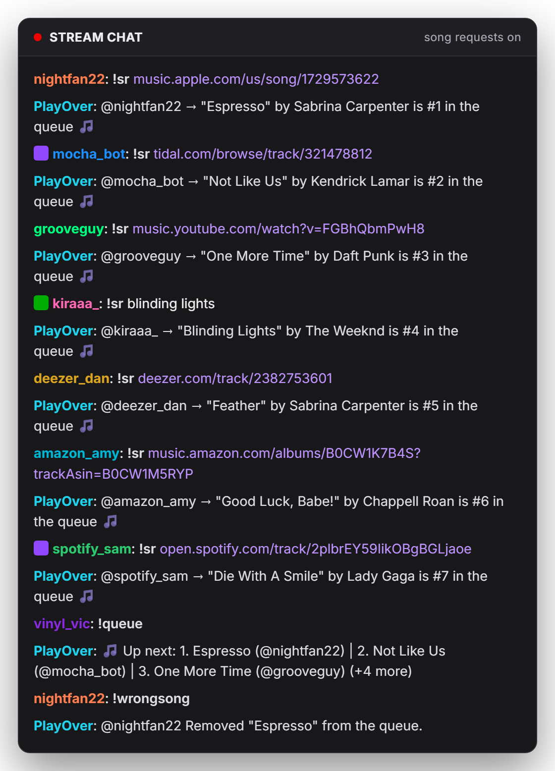 Chat: viewers requesting songs with !sr using Apple Music, Tidal, YouTube Music and Deezer links, with PlayOver confirming each into the queue