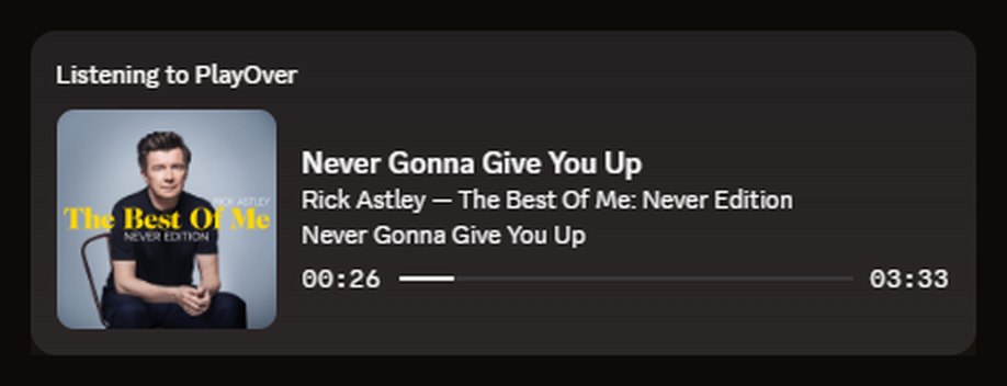 A Discord profile card reading Listening to PlayOver, with album art, song title, artist, album and a live playback progress bar
