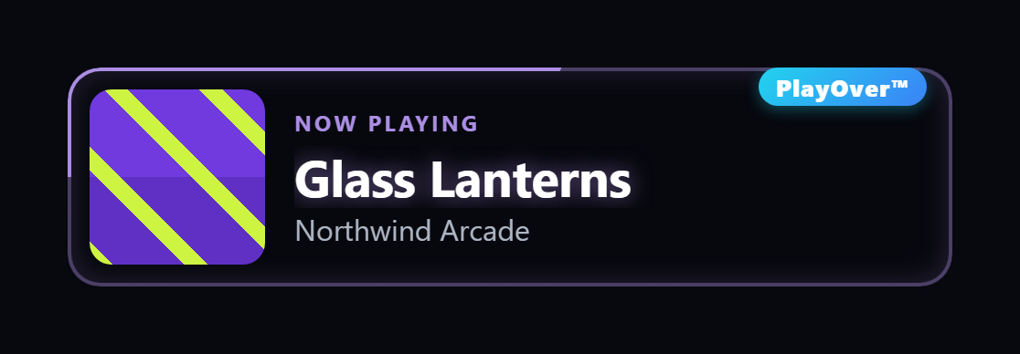 The PlayOver overlay in the Neon style: the card is outlined by a glowing border in colours taken from the album art
