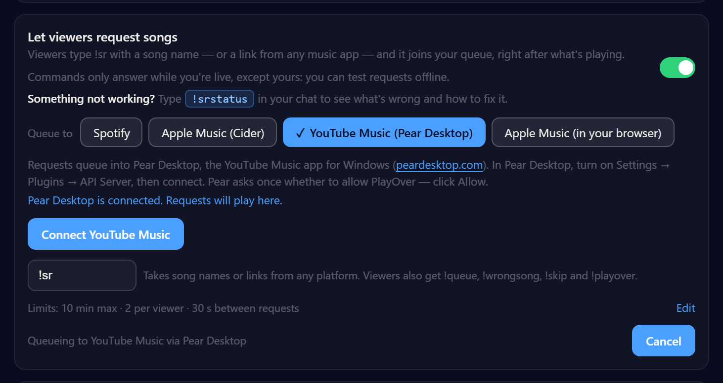 PlayOver's YouTube Music panel confirming Pear Desktop is connected and requests will play there.